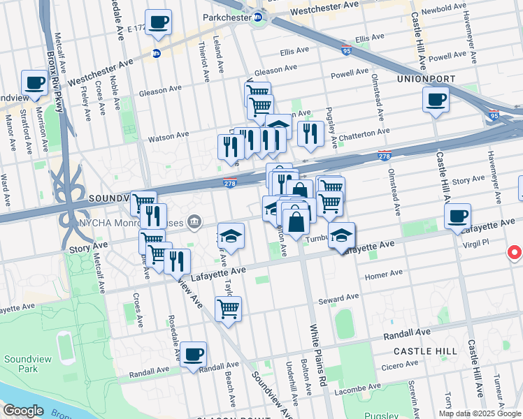 map of restaurants, bars, coffee shops, grocery stores, and more near 921 Underhill Avenue in Bronx