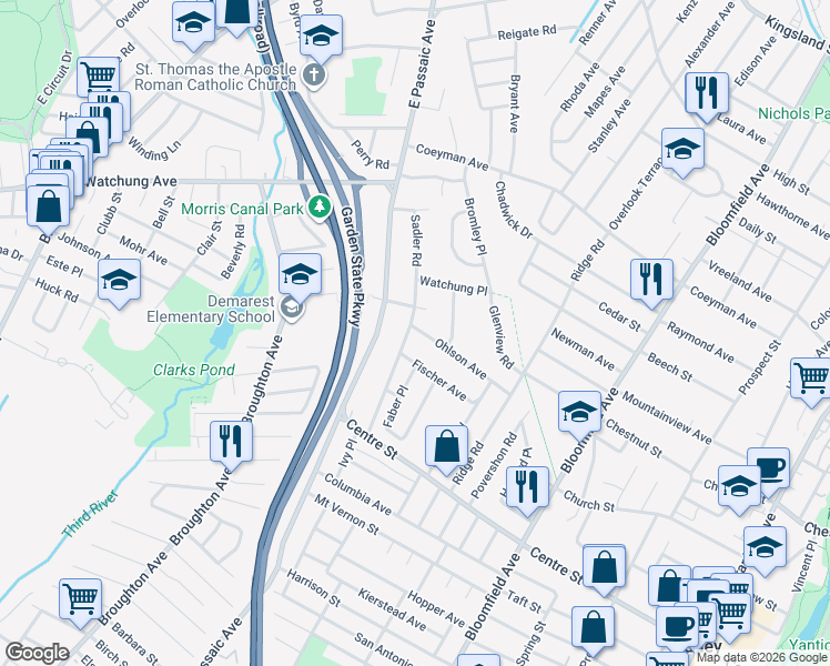 map of restaurants, bars, coffee shops, grocery stores, and more near 89 Sadler Road in Bloomfield