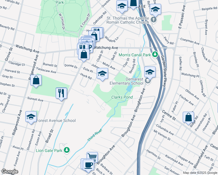 map of restaurants, bars, coffee shops, grocery stores, and more near 60 Huck Road in Bloomfield