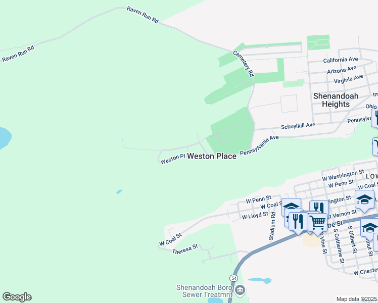 map of restaurants, bars, coffee shops, grocery stores, and more near 52 Weston Place in Shenandoah