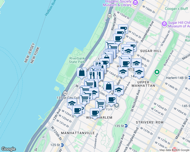 map of restaurants, bars, coffee shops, grocery stores, and more near 605 West 141st Street in New York
