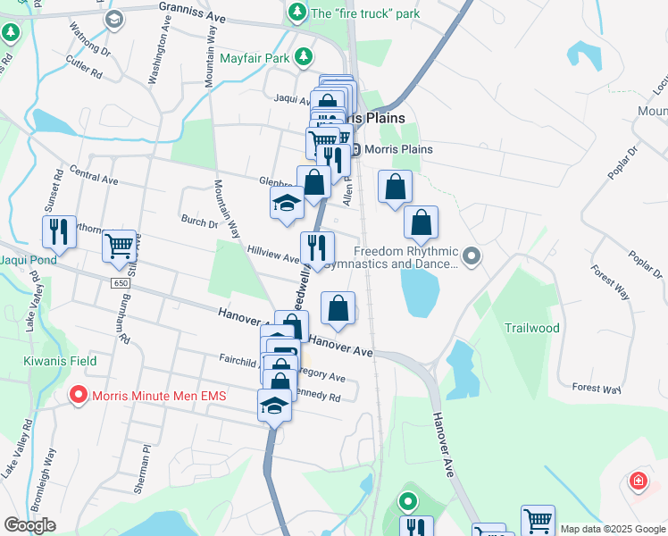 map of restaurants, bars, coffee shops, grocery stores, and more near 15 Dayton Road in Morris Plains