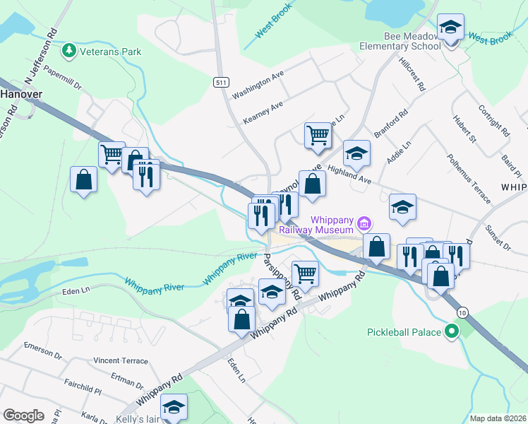 map of restaurants, bars, coffee shops, grocery stores, and more near 69 Parsippany Road in Hanover