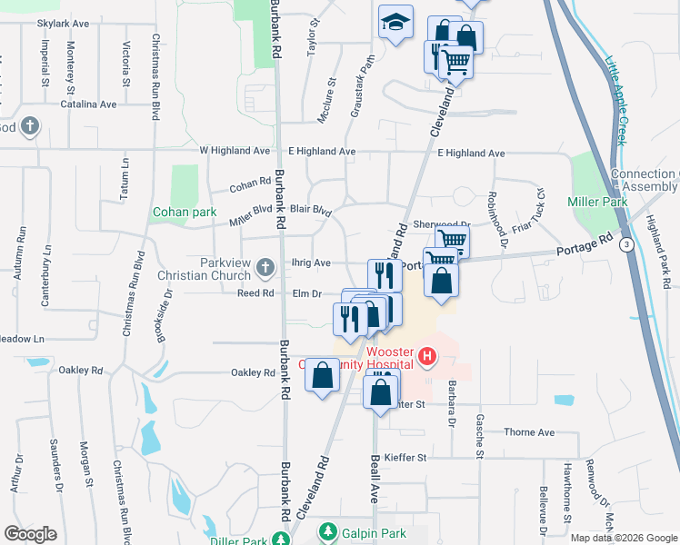 map of restaurants, bars, coffee shops, grocery stores, and more near 1932 Blair Boulevard in Wooster