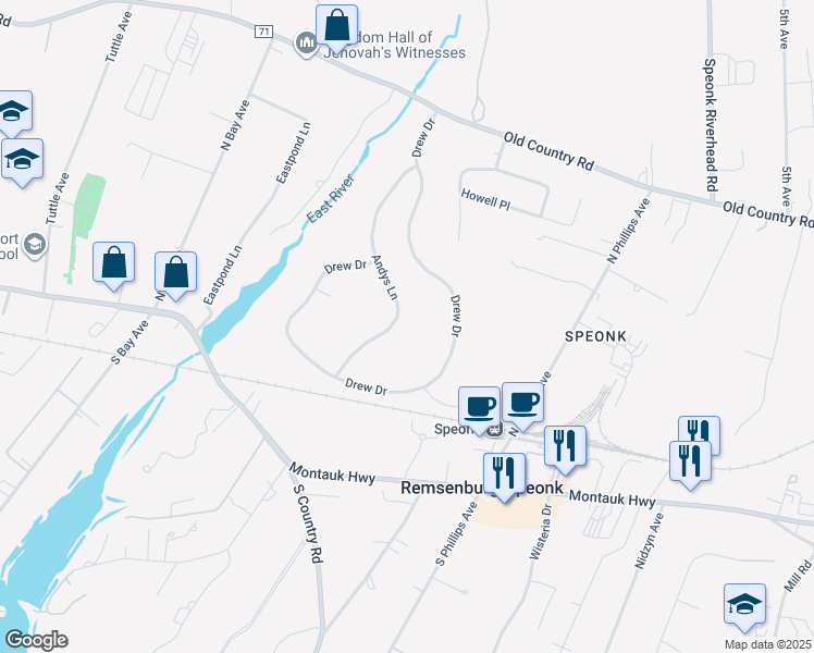 map of restaurants, bars, coffee shops, grocery stores, and more near 30 Andys Lane in Eastport