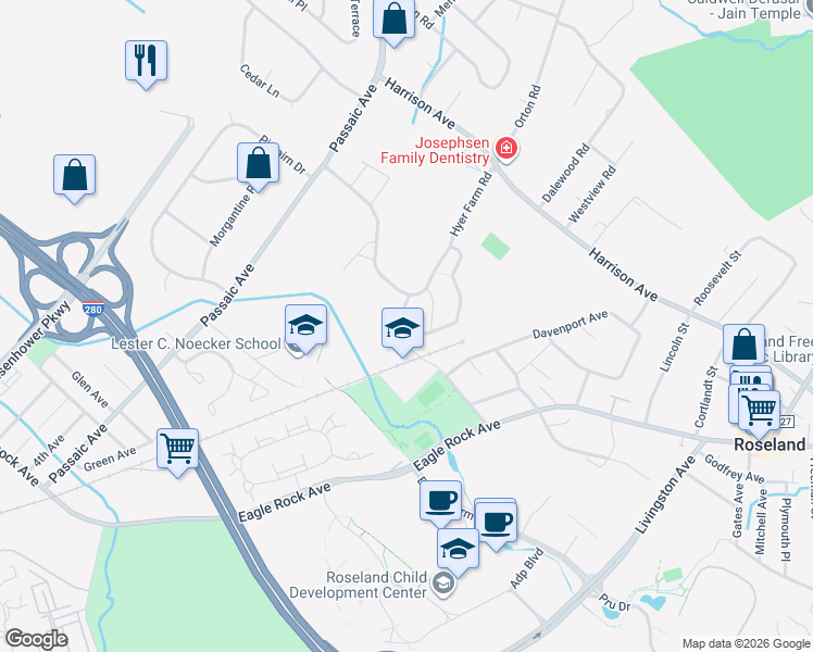 map of restaurants, bars, coffee shops, grocery stores, and more near 83 Schweinberg Drive in Roseland