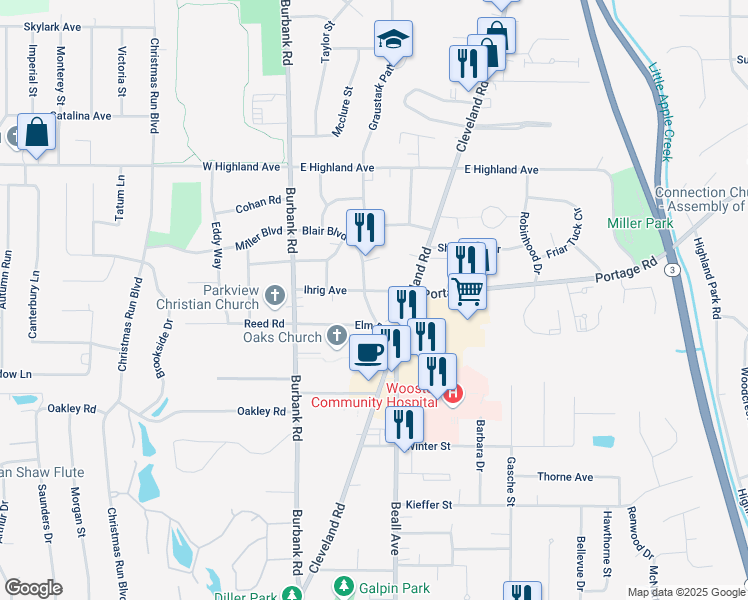 map of restaurants, bars, coffee shops, grocery stores, and more near 1922 Sherman Road in Wooster