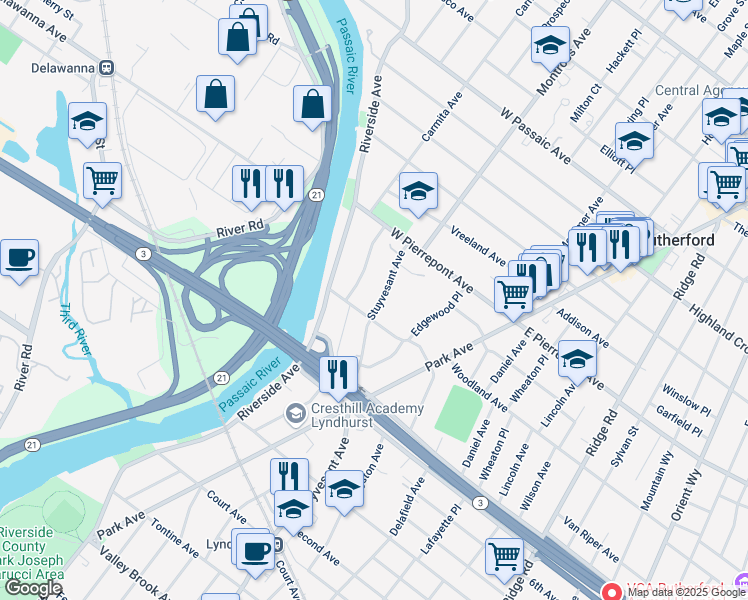 map of restaurants, bars, coffee shops, grocery stores, and more near 500 Stuyvesant Avenue in Rutherford