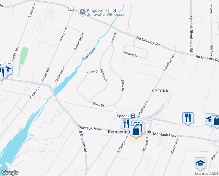 map of restaurants, bars, coffee shops, grocery stores, and more near 30 Andys Lane in Eastport