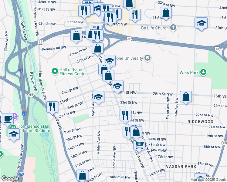 map of restaurants, bars, coffee shops, grocery stores, and more near 2502 Cleveland Avenue Northwest in Canton