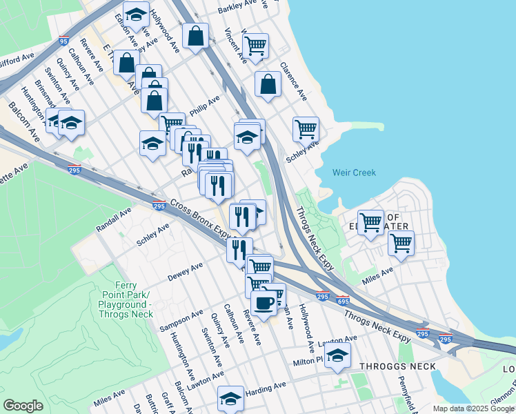 map of restaurants, bars, coffee shops, grocery stores, and more near 538 Logan Avenue in Bronx