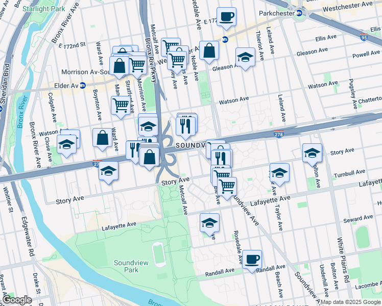 map of restaurants, bars, coffee shops, grocery stores, and more near 945 Fteley Avenue in Bronx