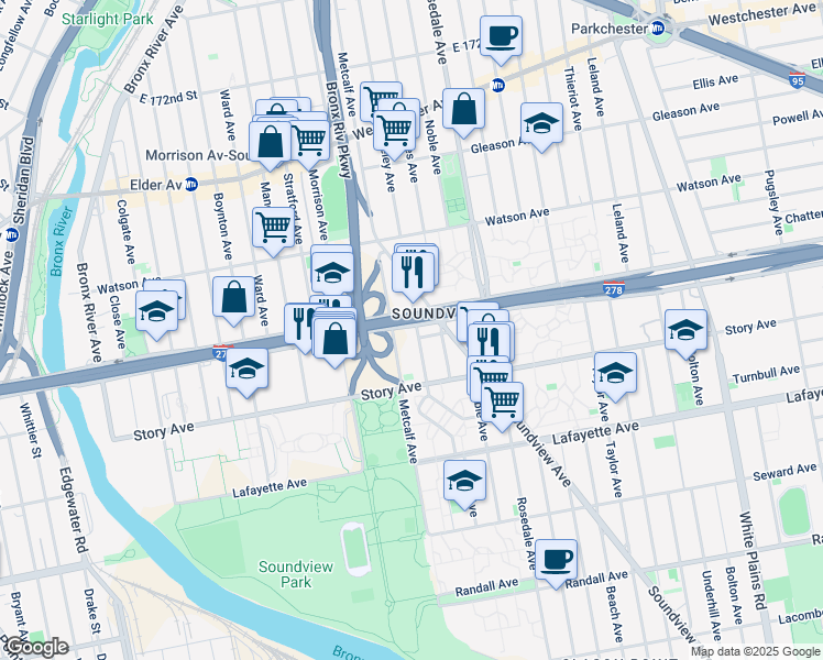 map of restaurants, bars, coffee shops, grocery stores, and more near 945 Fteley Avenue in Bronx