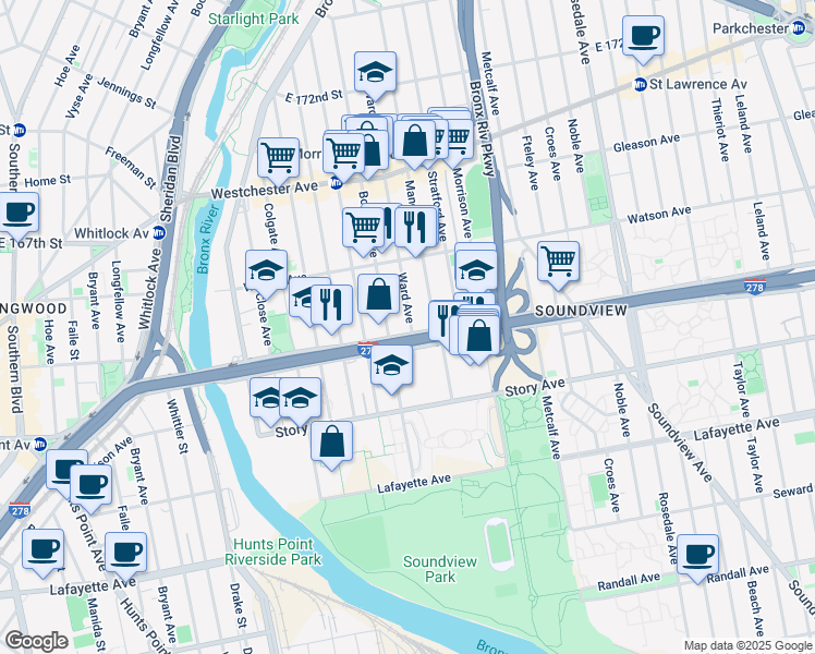 map of restaurants, bars, coffee shops, grocery stores, and more near 1557 Bruckner Boulevard in Bronx