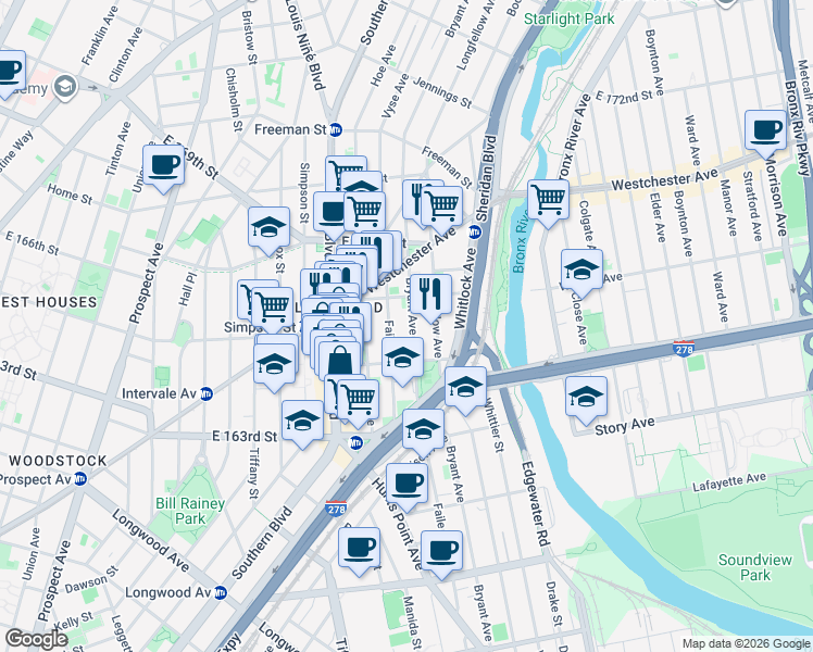 map of restaurants, bars, coffee shops, grocery stores, and more near 1020 Bryant Avenue in Bronx
