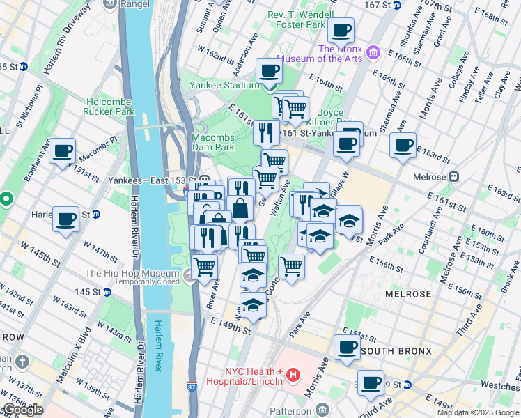 map of restaurants, bars, coffee shops, grocery stores, and more near 691 Gerard Avenue in The Bronx