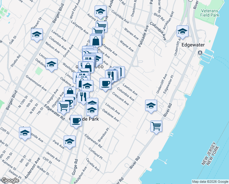 map of restaurants, bars, coffee shops, grocery stores, and more near 79 Crescent Avenue in Cliffside Park