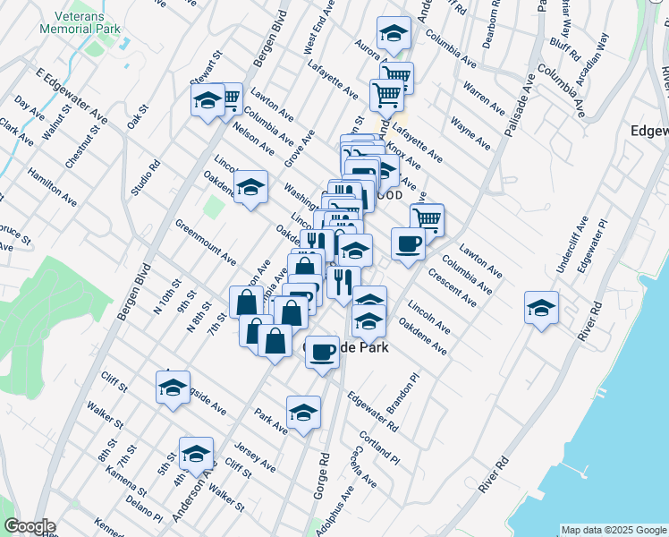 map of restaurants, bars, coffee shops, grocery stores, and more near 575 Anderson Avenue in Cliffside Park