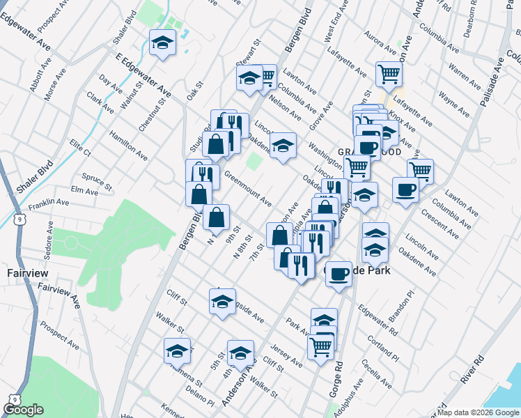 map of restaurants, bars, coffee shops, grocery stores, and more near 521 Saint Pauls Avenue in Cliffside Park