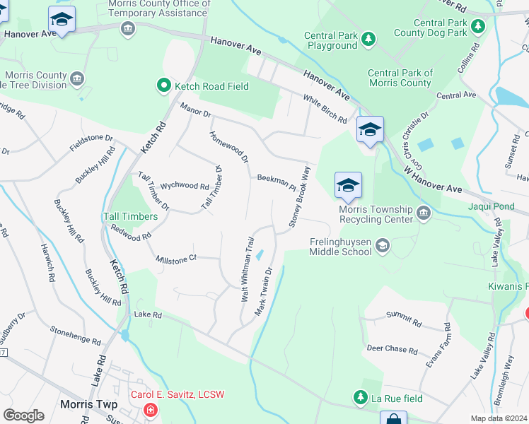 map of restaurants, bars, coffee shops, grocery stores, and more near 26 Walt Whitman Trail in Morristown