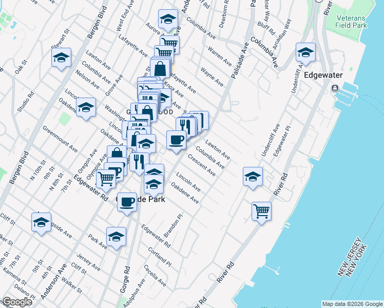 map of restaurants, bars, coffee shops, grocery stores, and more near 79 Crescent Avenue in Cliffside Park