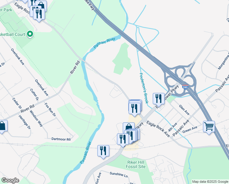 map of restaurants, bars, coffee shops, grocery stores, and more near 565 Eagle Rock Avenue in Roseland