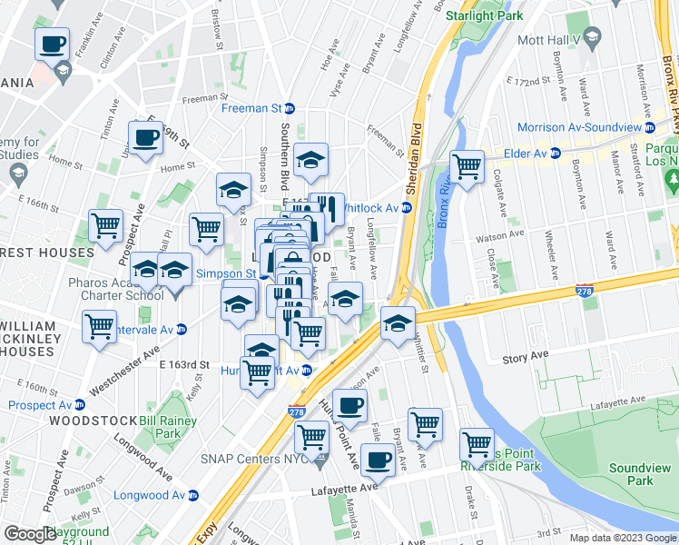 map of restaurants, bars, coffee shops, grocery stores, and more near 1036 Faile Street in The Bronx