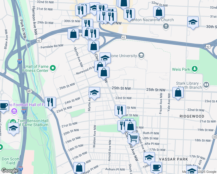 map of restaurants, bars, coffee shops, grocery stores, and more near 2502 Cleveland Avenue Northwest in Canton