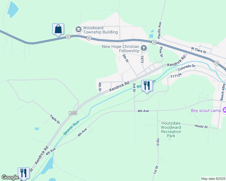 map of restaurants, bars, coffee shops, grocery stores, and more near 848 Kendrick Road in Houtzdale