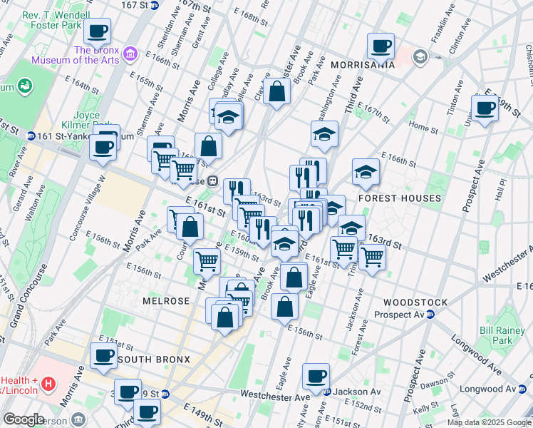 map of restaurants, bars, coffee shops, grocery stores, and more near 443 East 162nd Street in The Bronx