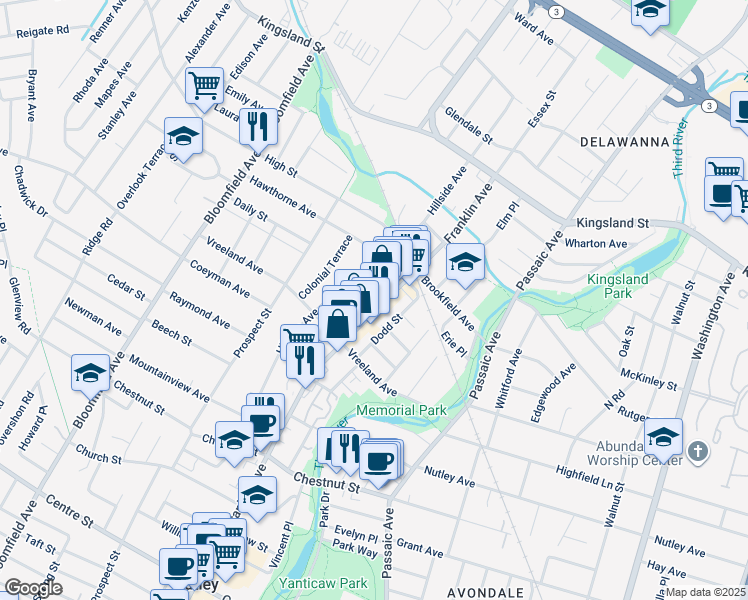 map of restaurants, bars, coffee shops, grocery stores, and more near 517 Franklin Avenue in Nutley