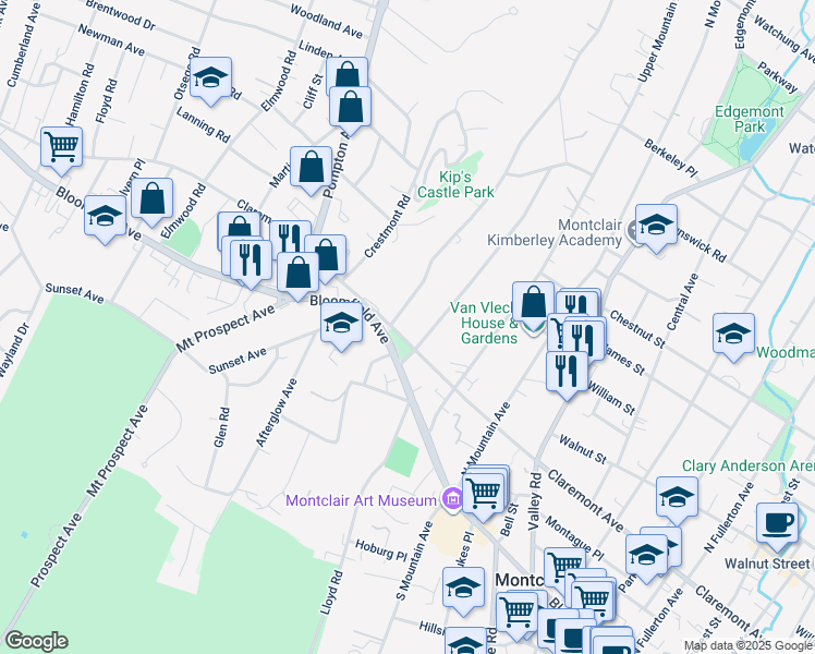map of restaurants, bars, coffee shops, grocery stores, and more near 2 Prospect Avenue in Montclair