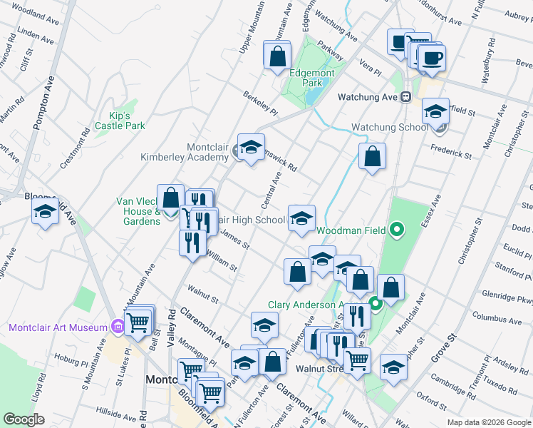 map of restaurants, bars, coffee shops, grocery stores, and more near 134 Chestnut Street in Montclair