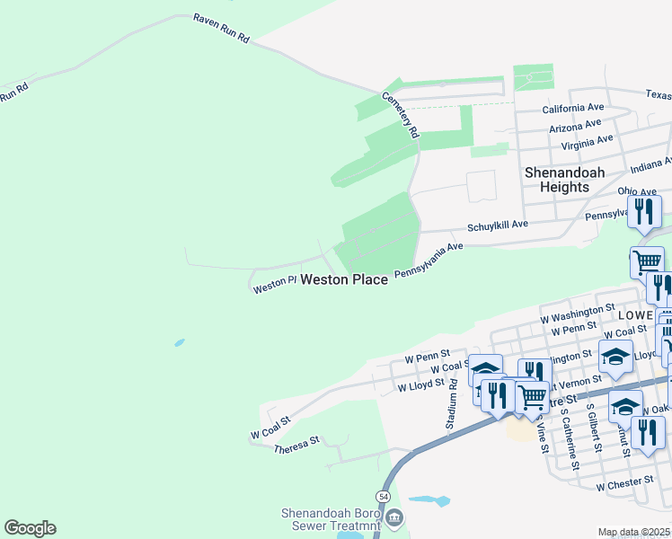map of restaurants, bars, coffee shops, grocery stores, and more near 57 Weston Place in Shenandoah
