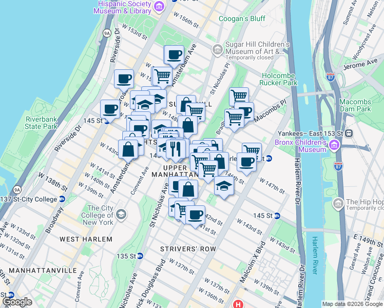map of restaurants, bars, coffee shops, grocery stores, and more near 275 Edgecombe Avenue in New York