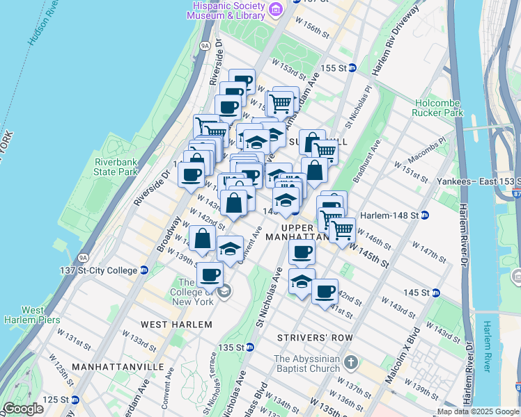 map of restaurants, bars, coffee shops, grocery stores, and more near 453 West 144th Street in New York