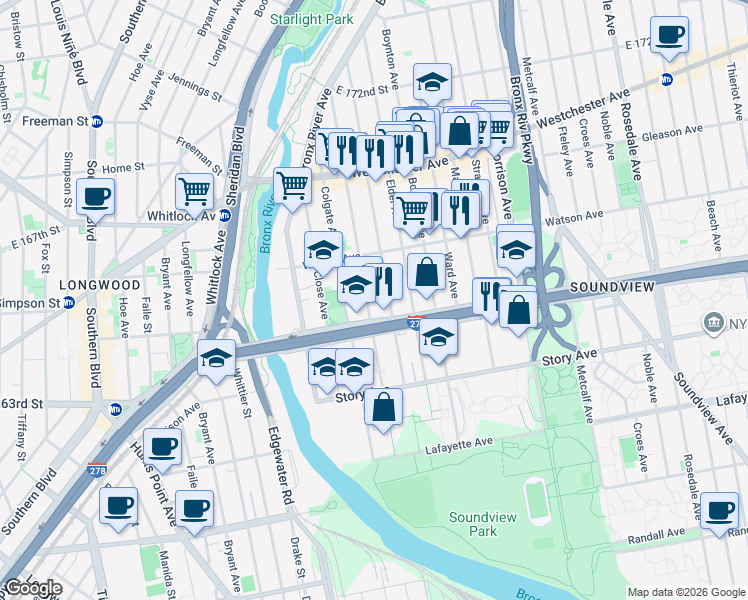 map of restaurants, bars, coffee shops, grocery stores, and more near 1028 Evergreen Avenue in The Bronx