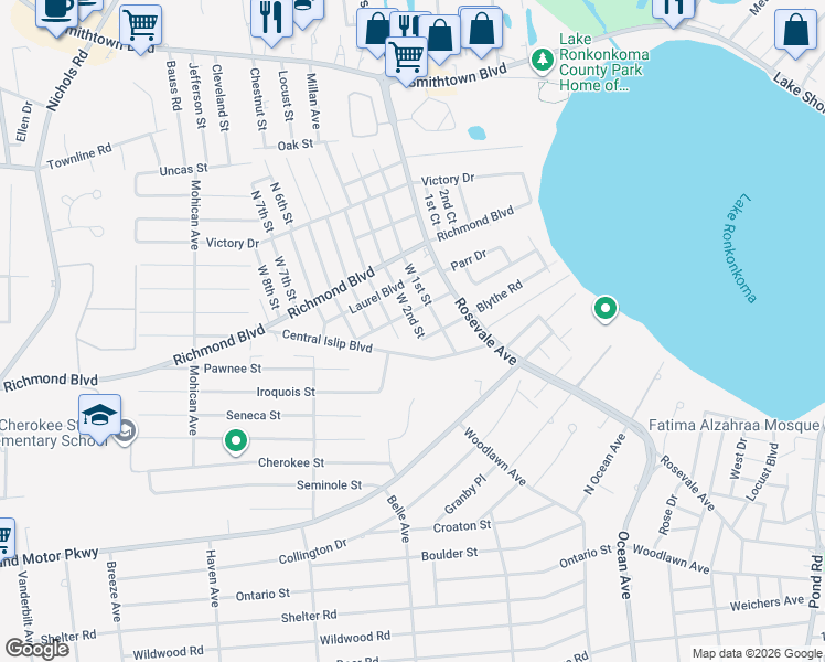 map of restaurants, bars, coffee shops, grocery stores, and more near 20 West 2nd Street in Ronkonkoma