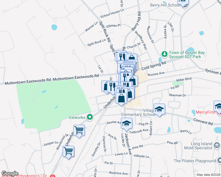 map of restaurants, bars, coffee shops, grocery stores, and more near 40 Queens Street in Syosset