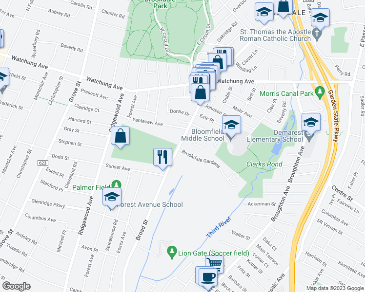 map of restaurants, bars, coffee shops, grocery stores, and more near 14 Brookdale Gardens in Bloomfield