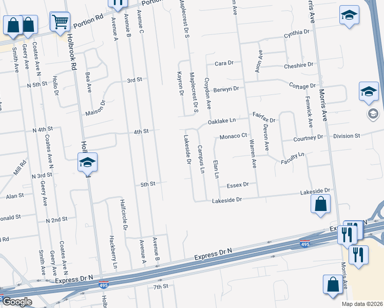 map of restaurants, bars, coffee shops, grocery stores, and more near 16 Campus Lane in Lake Ronkonkoma