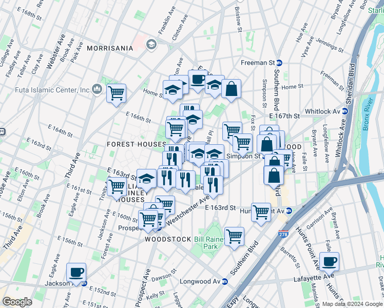 map of restaurants, bars, coffee shops, grocery stores, and more near 1033 Rev James A Polite Avenue in Bronx
