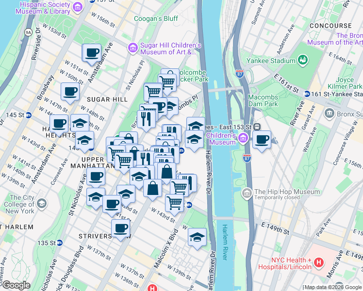 map of restaurants, bars, coffee shops, grocery stores, and more near 2589 Adam Clayton Powell Junior Boulevard in New York
