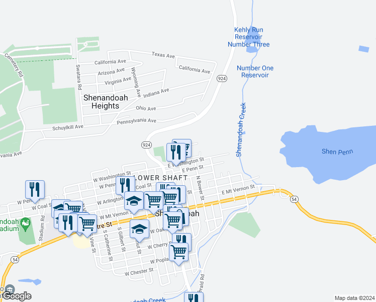 map of restaurants, bars, coffee shops, grocery stores, and more near 101 East Washington Street in Shenandoah