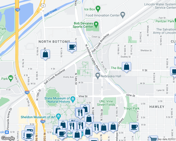 map of restaurants, bars, coffee shops, grocery stores, and more near 1055 North 16th Street in Lincoln