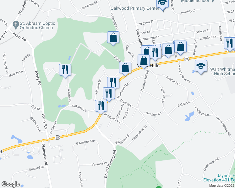 map of restaurants, bars, coffee shops, grocery stores, and more near 448 West Jericho Turnpike in Huntington