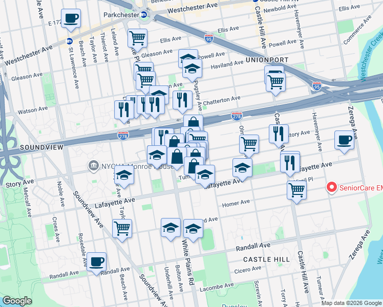 map of restaurants, bars, coffee shops, grocery stores, and more near 1994 Pugsley Avenue in Bronx