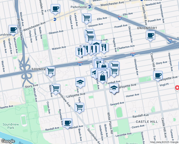 map of restaurants, bars, coffee shops, grocery stores, and more near 910 Thieriot Avenue in Bronx