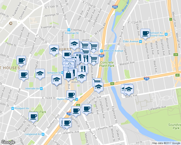 map of restaurants, bars, coffee shops, grocery stores, and more near 1020 Bryant Avenue in Bronx