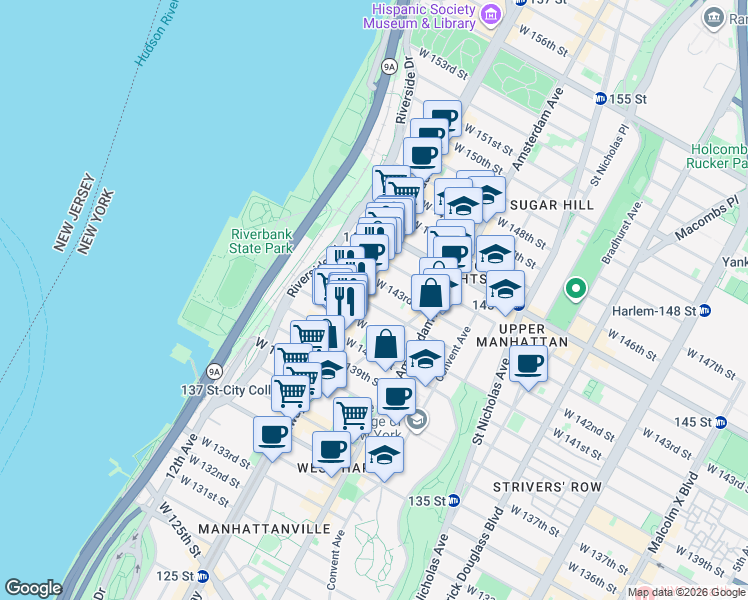 map of restaurants, bars, coffee shops, grocery stores, and more near in New York